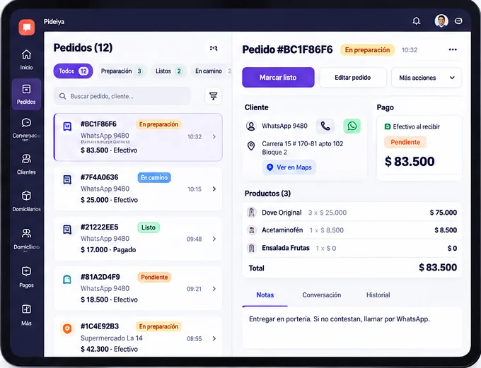 Vista de pedidos de Pideiya en tablet